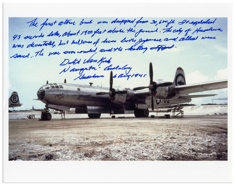 Dutch Van Kirk Autograph Statement Signed on a 10'' x 8'' Photo of the Enola Gay, Regarding Dropping the Atomic Bomb -- ''...The war soon ended and the killing stopped...''